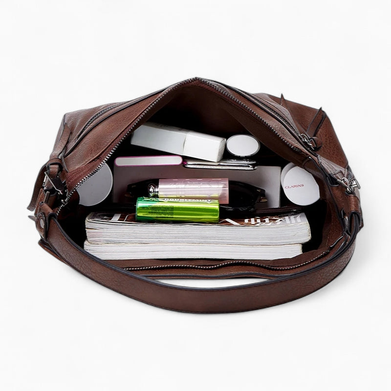 grand sac à main en cuir marron photo interieur