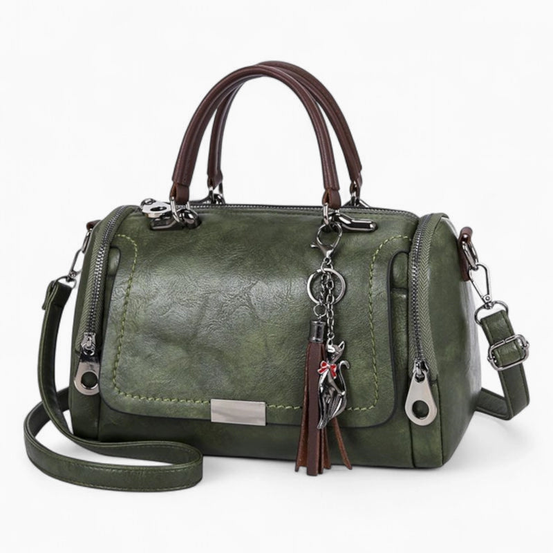 Sac à main cuir kaki avec pompon