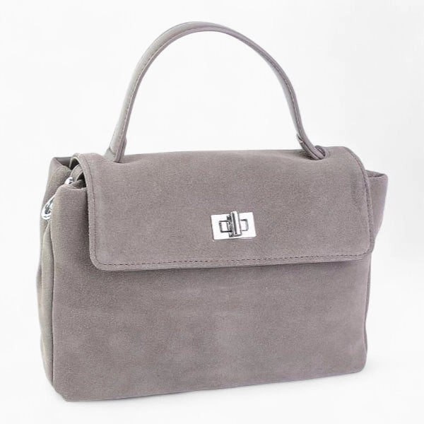 Sac bandoulière en daim gris vue de face